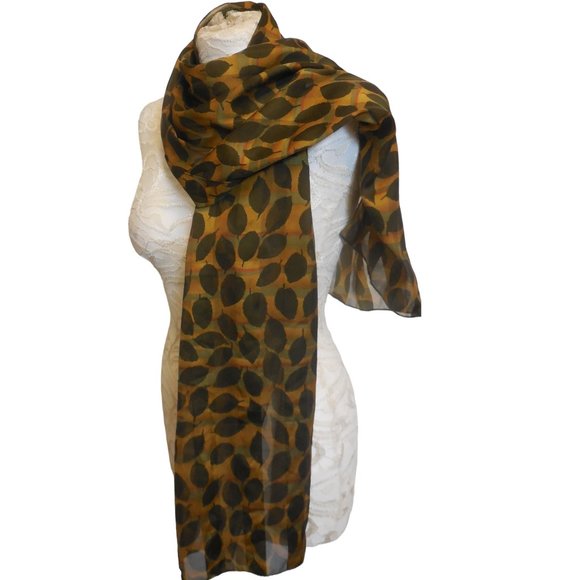 1980s Vintage Scarf Long Chiffon lightweight leaf print tan brown classic retro - Picture 2 of 8